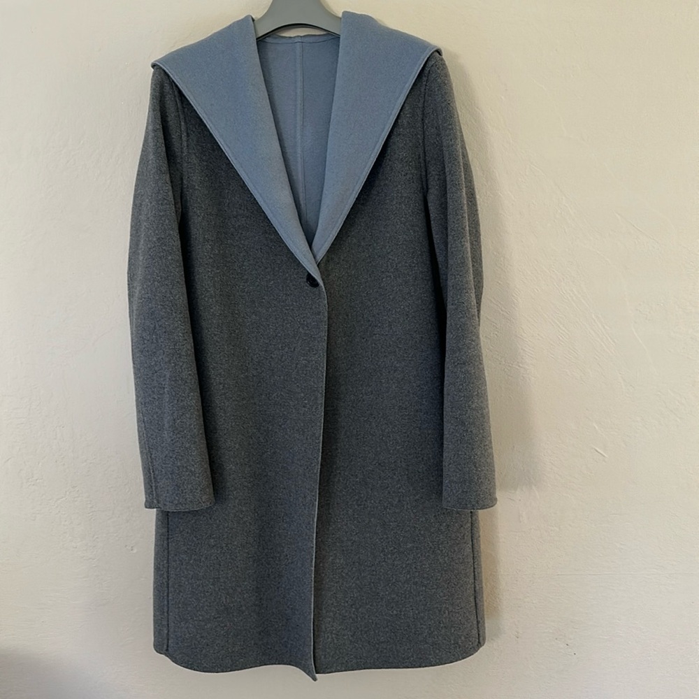 Uniqlo double face hooded coat women size S/4 wool blend gray light blue